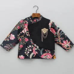 Outlet Floral Printed Black Velvet Jacket BOY Indian Ethnic Wear | Ethnic Jackets