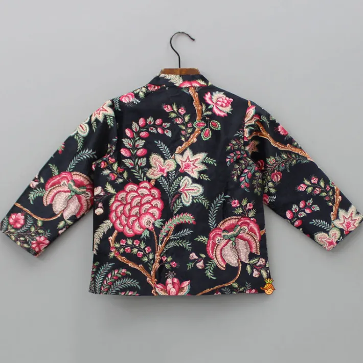 Outlet Floral Printed Black Velvet Jacket BOY Indian Ethnic Wear | Ethnic Jackets