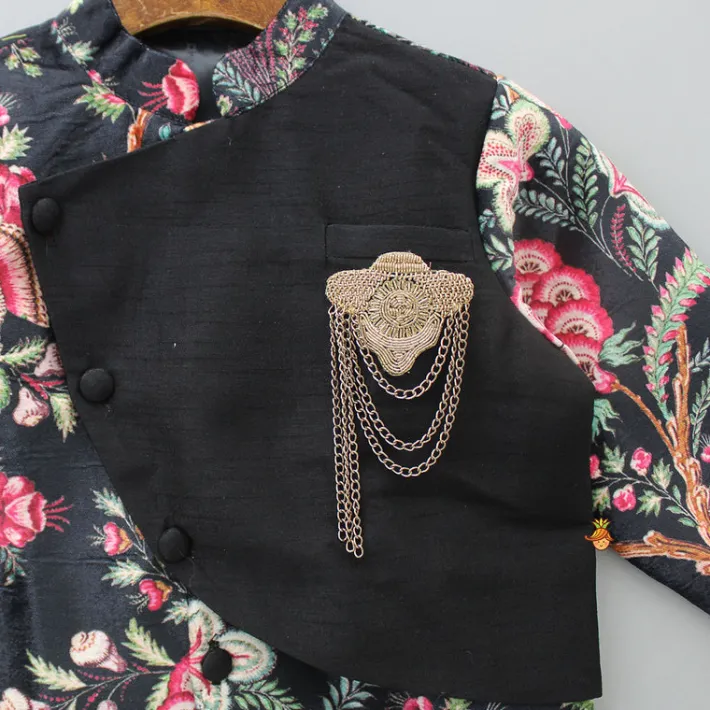 Outlet Floral Printed Black Velvet Jacket BOY Indian Ethnic Wear | Ethnic Jackets