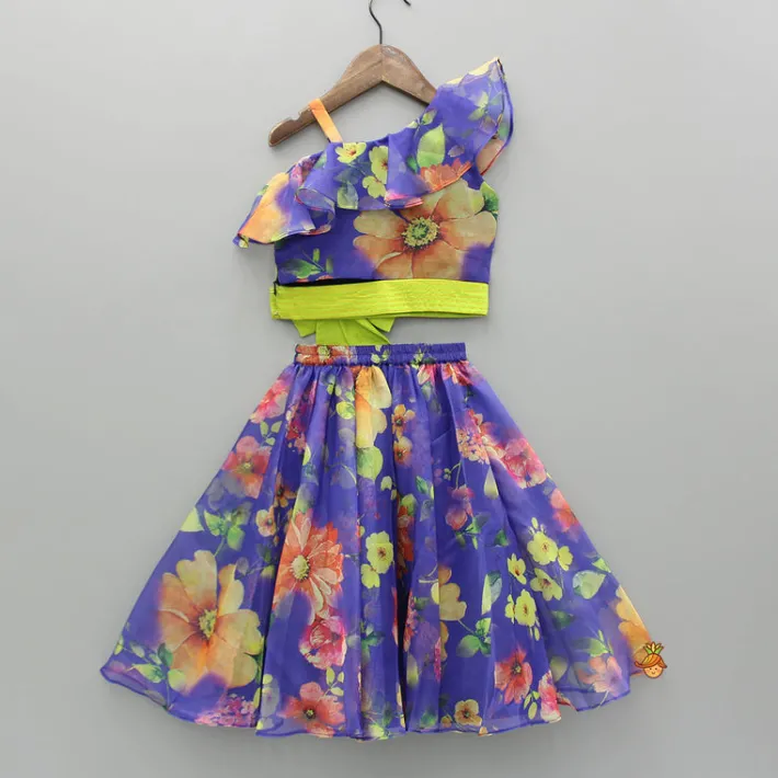 Clearance Floral Printed Blue Ruffled One Shoulder Top With Lehenga Ethnic Wear | Lehengas & Ghagras