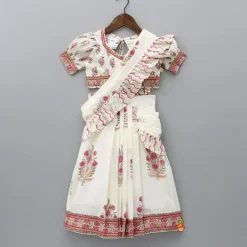 Clearance Floral Printed Crop Top and Saree Styled Lehenga With Attached Dupatta Ethnic Wear | Lehengas & Ghagras