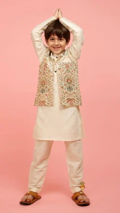 Sale Floral Printed Golden Thread Work Jacket With Off White Kurta And Pyjama BOY Indian Ethnic Wear | Ethnic Sets