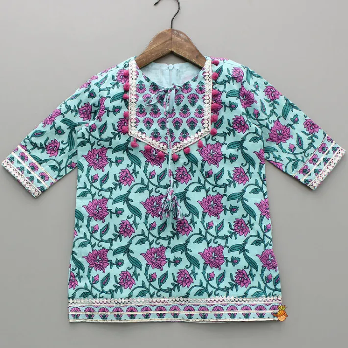 Sale Floral Printed Gota Lace Work Kurti With Palazzo And Dupatta Ethnic Wear | Palazzos & Shararas