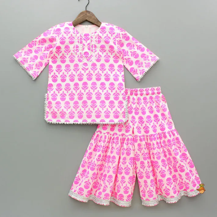 Outlet Floral Printed Gota Work Pink Kurti And Sharara With Net Dupatta Ethnic Wear | Palazzos & Shararas
