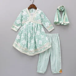 Discount Floral Printed Green Kurti And Striped Pant With Dupatta Ethnic Wear | Churidars & Salwars