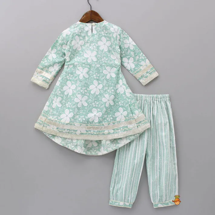 Discount Floral Printed Green Kurti And Striped Pant With Dupatta Ethnic Wear | Churidars & Salwars