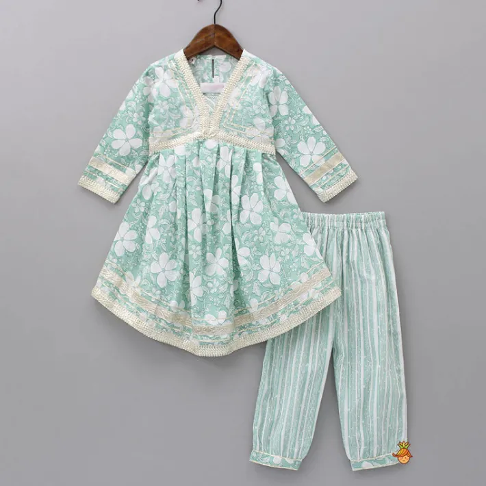 Discount Floral Printed Green Kurti And Striped Pant With Dupatta Ethnic Wear | Churidars & Salwars