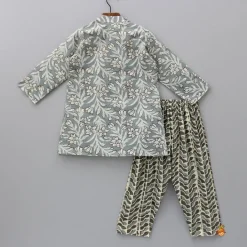 Fashion Floral Printed Grey Kurta With Printed Pyjama BOY Indian Ethnic Wear | Ethnic Sets