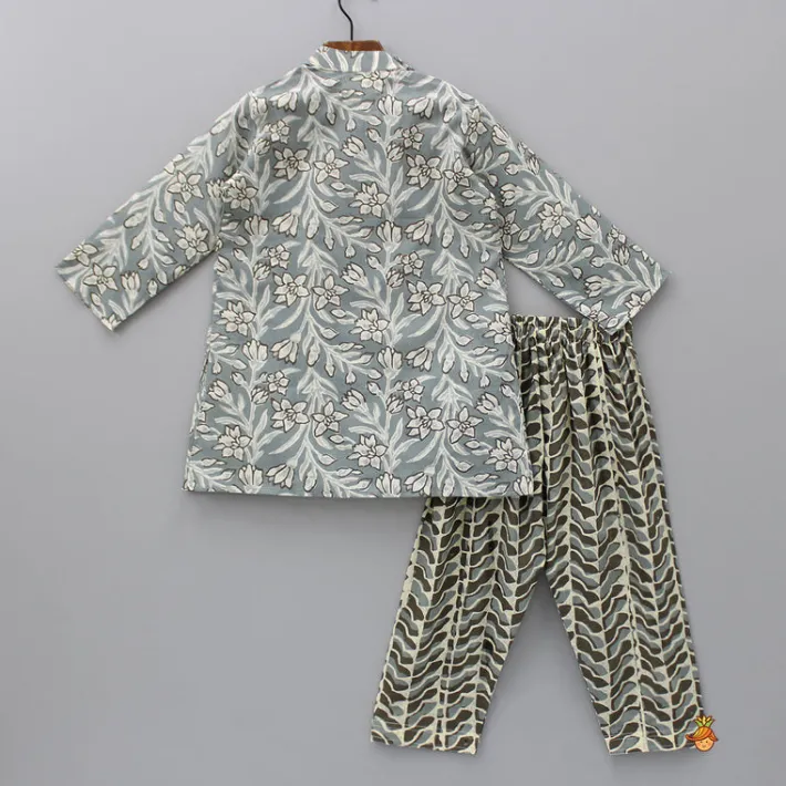 Fashion Floral Printed Grey Kurta With Printed Pyjama BOY Indian Ethnic Wear | Ethnic Sets