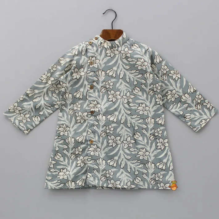 Fashion Floral Printed Grey Kurta With Printed Pyjama BOY Indian Ethnic Wear | Ethnic Sets