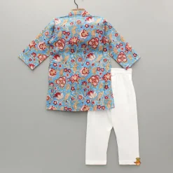 Online Floral Printed Hand Block Gota Lace Detailed Blue Kurta With Pyjama BOY Indian Ethnic Wear | Ethnic Sets