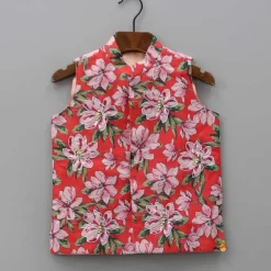 Sale Floral Printed Jacket With Flower Embroidery Off White Kurta And Pyjama BOY Indian Ethnic Wear | Ethnic Sets