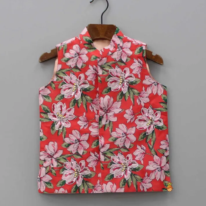 Sale Floral Printed Jacket With Flower Embroidery Off White Kurta And Pyjama BOY Indian Ethnic Wear | Ethnic Sets