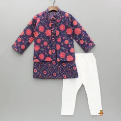 Online Floral Printed Kurta And Front Open Jacket With Pyjama BOY Indian Ethnic Wear | Ethnic Sets
