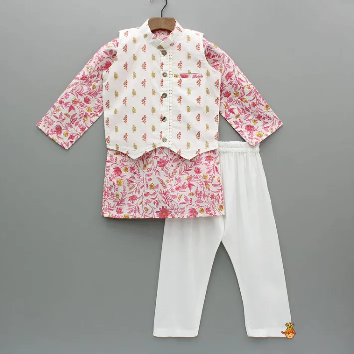 Fashion Floral Printed Kurta And Jacket With Pyjama BOY Twinning Sets | Indian Ethnic Wear