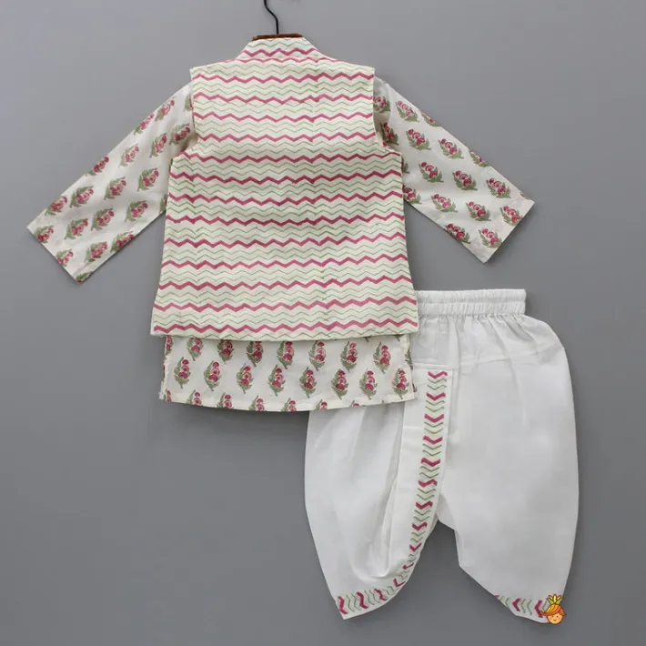 Discount Floral Printed Kurta And Chevron Printed Jacket With Dhoti BOY Twinning Sets | Indian Ethnic Wear