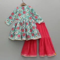 Clearance Floral Printed Kurti And Pink Flared Sharara Ethnic Wear | Palazzos & Shararas