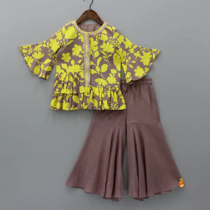 New Floral Printed Kurti With Sharara And Net Dupatta Ethnic Wear | Palazzos & Shararas