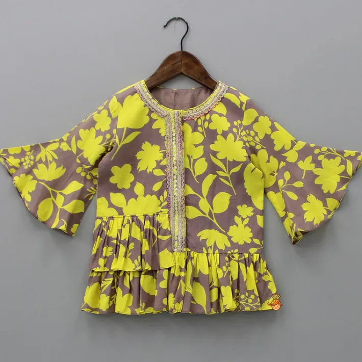 New Floral Printed Kurti With Sharara And Net Dupatta Ethnic Wear | Palazzos & Shararas