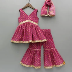 Clearance Floral Printed Lace Detailed Kurti And Sharara With Matching Dupatta Ethnic Wear | Palazzos & Shararas