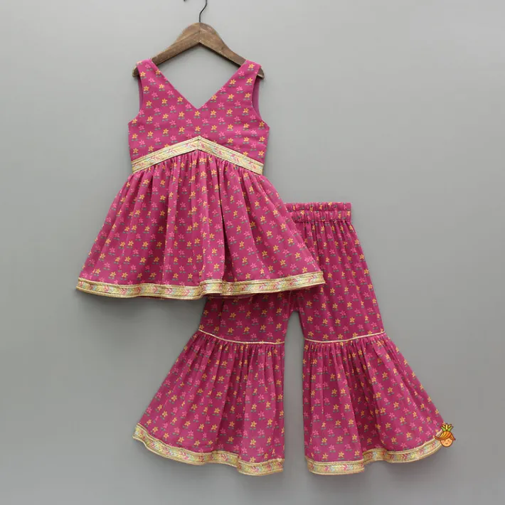 Clearance Floral Printed Lace Detailed Kurti And Sharara With Matching Dupatta Ethnic Wear | Palazzos & Shararas