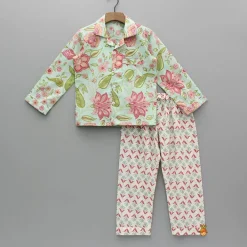 Fashion Floral Printed Notch Collar Top And Pyjama BOY Sleep Wear | Sleepwear
