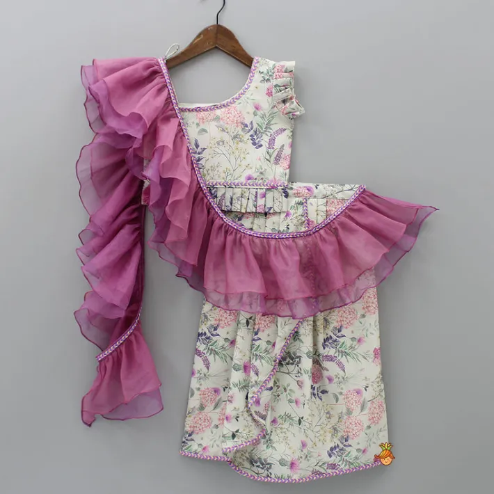 Discount Floral Printed One Shoulder Top And Stylish Front Cut Lehenga With Ruffle Dupatta Twinning Sets | Ethnic Wear