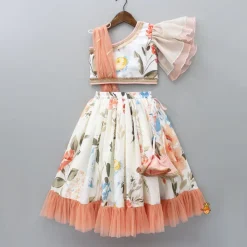 Fashion Floral Printed One Shoulder Top With Lehenga And Peach Dupatta Ethnic Wear | Lehengas & Ghagras