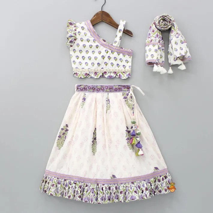 New Floral Printed One Shoulder Top With Lehenga And Dupatta Twinning Sets | Ethnic Wear
