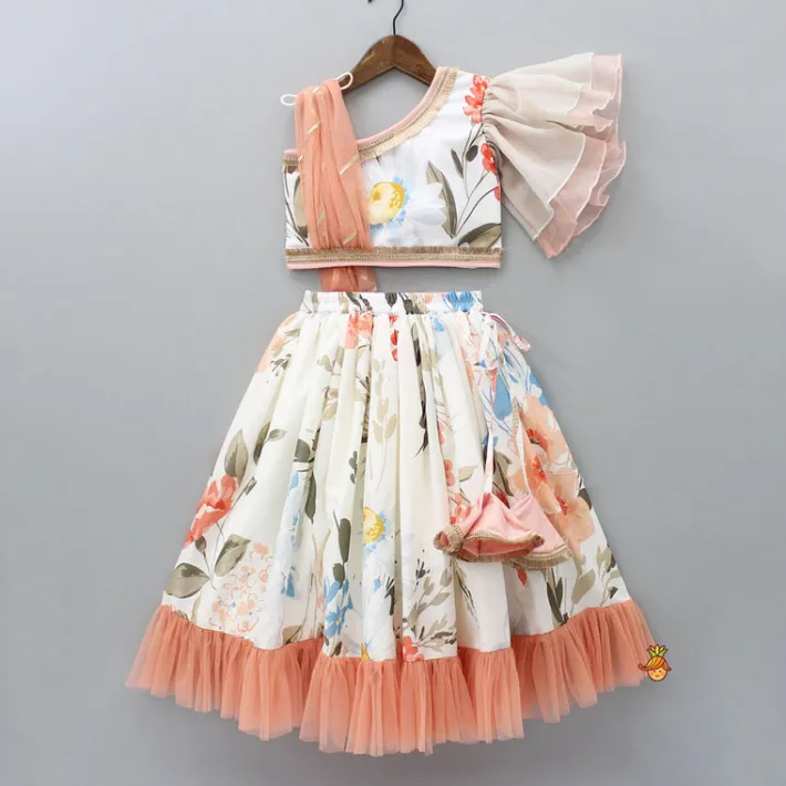 Fashion Floral Printed One Shoulder Top With Lehenga And Peach Dupatta Ethnic Wear | Lehengas & Ghagras