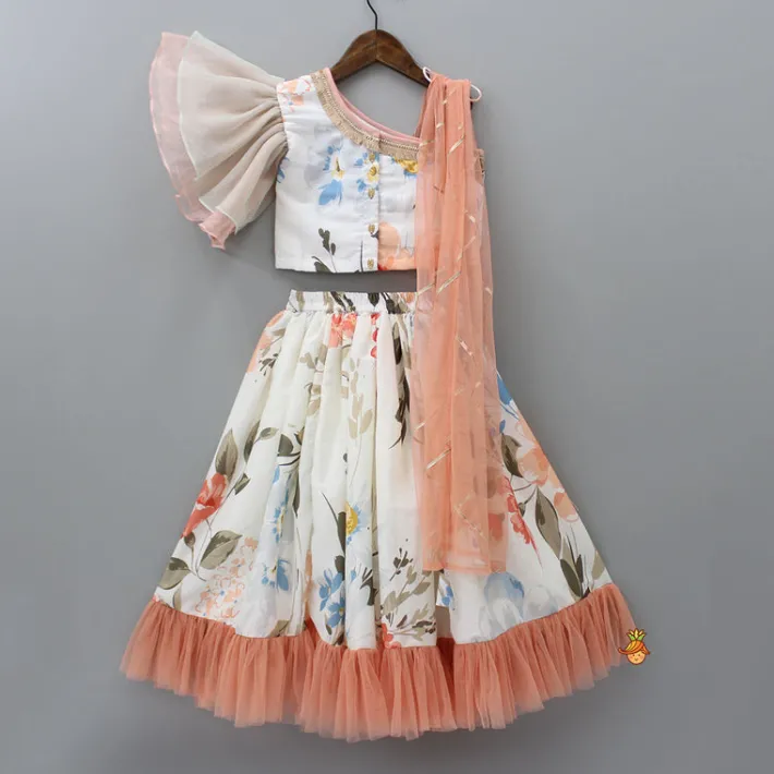Fashion Floral Printed One Shoulder Top With Lehenga And Peach Dupatta Ethnic Wear | Lehengas & Ghagras