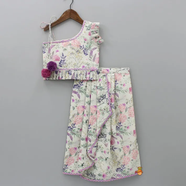 Discount Floral Printed One Shoulder Top And Stylish Front Cut Lehenga With Ruffle Dupatta Twinning Sets | Ethnic Wear