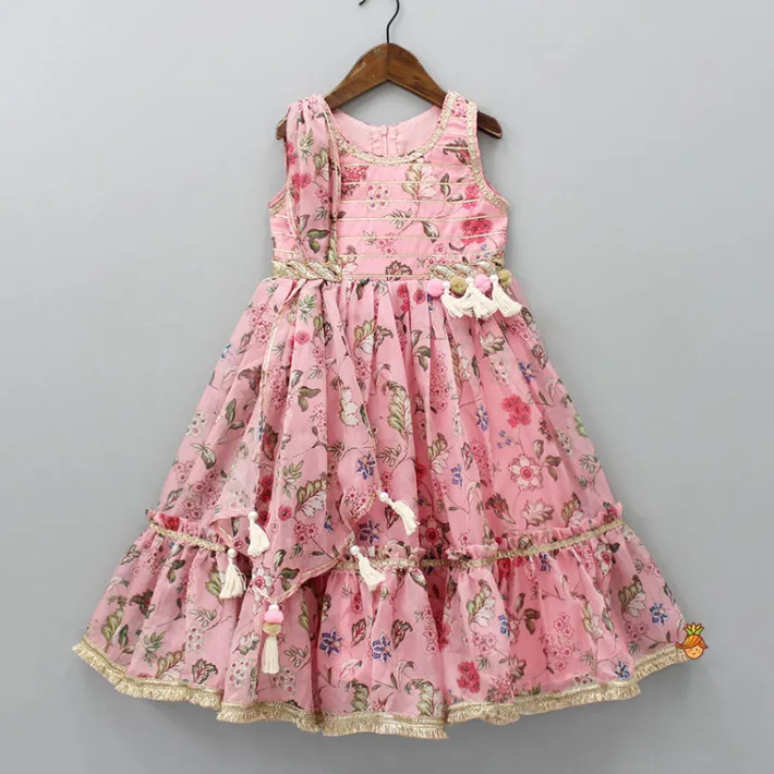 Best Floral Printed Peach Pink Pleated Anarkali With Attached Dupatta Ethnic Wear | Sarees & Anarkalis