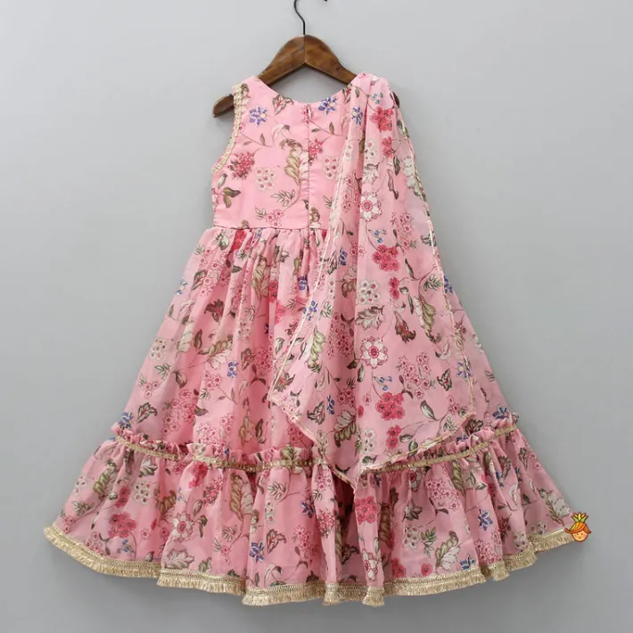 Best Floral Printed Peach Pink Pleated Anarkali With Attached Dupatta Ethnic Wear | Sarees & Anarkalis