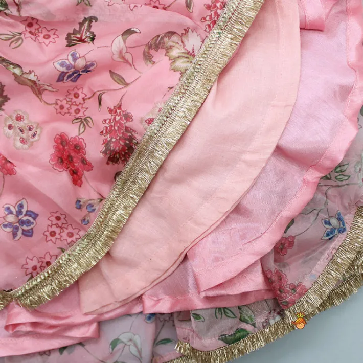 Best Floral Printed Peach Pink Pleated Anarkali With Attached Dupatta Ethnic Wear | Sarees & Anarkalis
