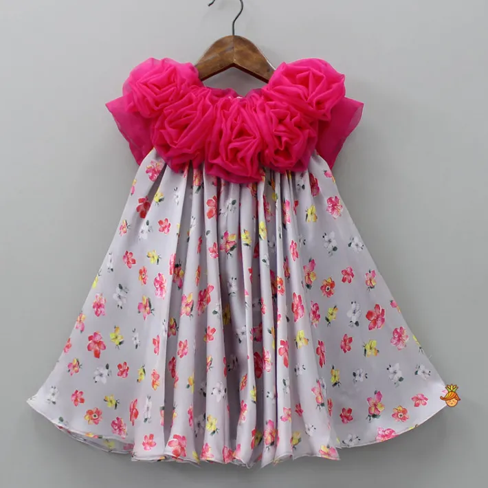 Fashion Floral Printed Rose Flowers Adorned Grey Dress Dresses & Sets | Dresses