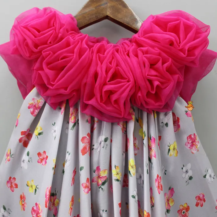 Fashion Floral Printed Rose Flowers Adorned Grey Dress Dresses & Sets | Dresses