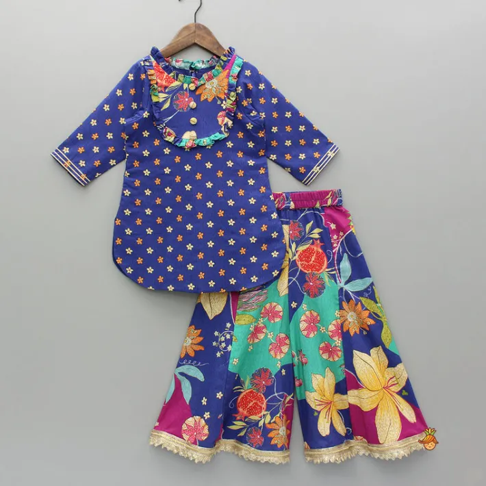 New Floral Printed Ruffle Detailed Kurti And Flared Palazzo Ethnic Wear | Palazzos & Shararas