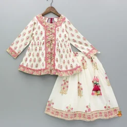 Sale Floral Printed Stylish Front Cut Kurti And Lehenga Twinning Sets | Ethnic Wear