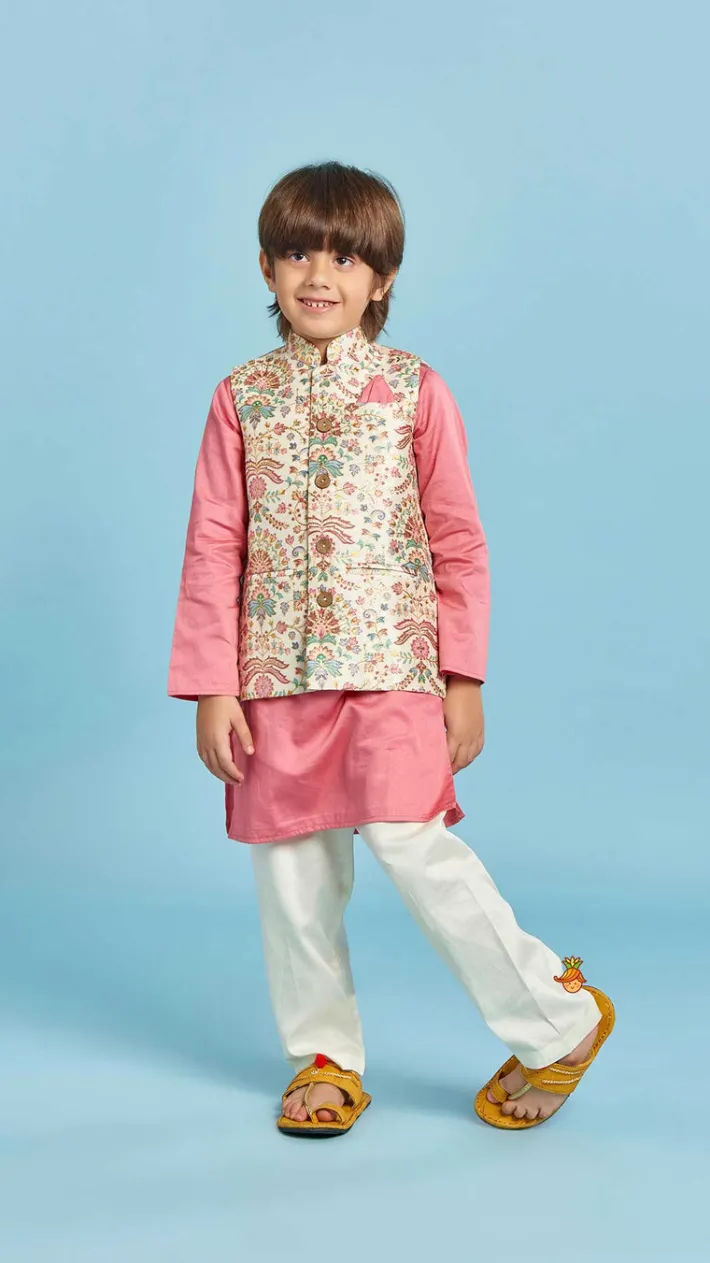 Fashion Floral Printed Thread Work Jacket With Rusty Red Kurta And Pyjama BOY Indian Ethnic Wear | Ethnic Sets