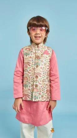 Fashion Floral Printed Thread Work Jacket With Rusty Red Kurta And Pyjama BOY Indian Ethnic Wear | Ethnic Sets
