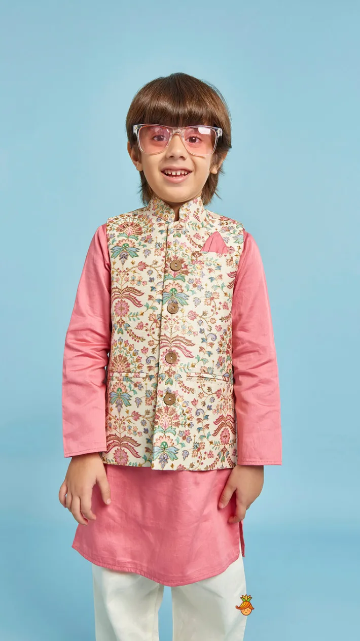Fashion Floral Printed Thread Work Jacket With Rusty Red Kurta And Pyjama BOY Indian Ethnic Wear | Ethnic Sets
