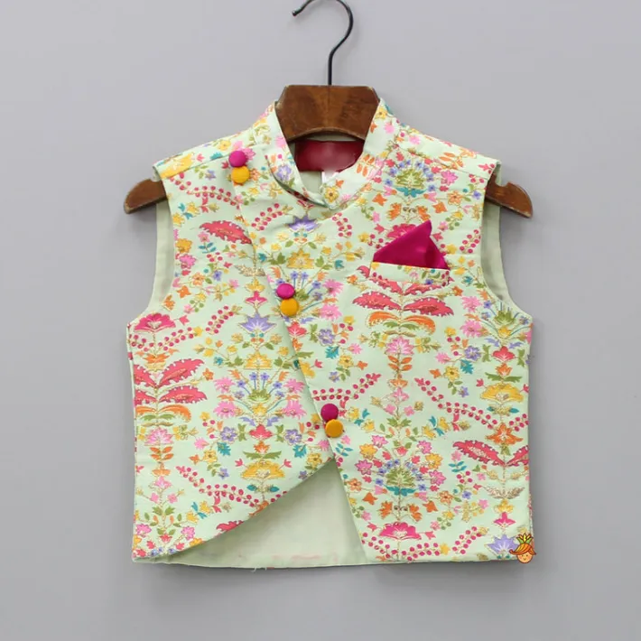 Hot Floral Printed Thread Work Jacket With Green Kurta And Pyjama BOY Indian Ethnic Wear | Ethnic Sets