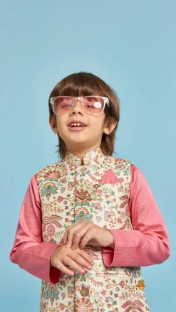 Fashion Floral Printed Thread Work Jacket With Rusty Red Kurta And Pyjama BOY Indian Ethnic Wear | Ethnic Sets