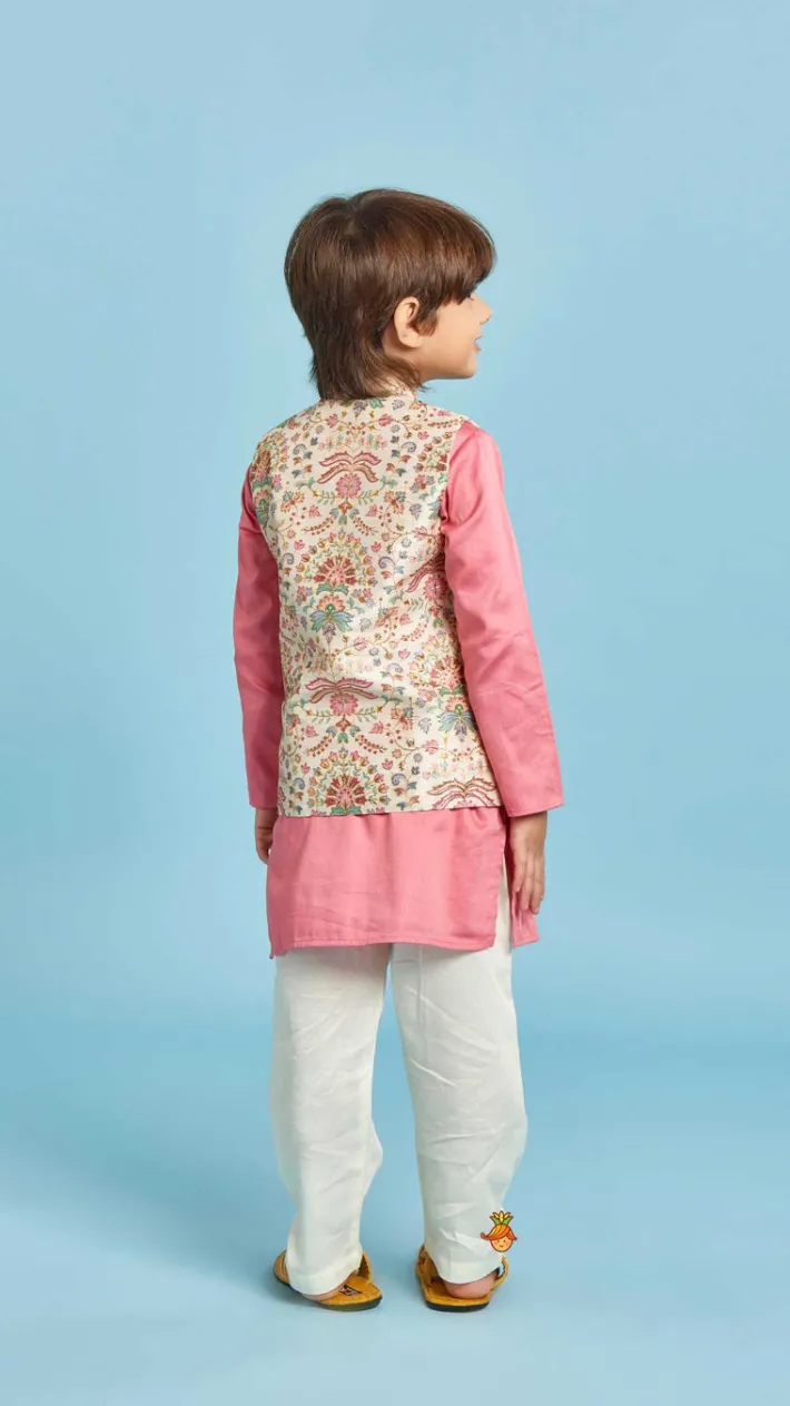 Fashion Floral Printed Thread Work Jacket With Rusty Red Kurta And Pyjama BOY Indian Ethnic Wear | Ethnic Sets