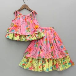 Sale Floral Printed Tie Up Strappy Dual Tone Top And Layered Lehenga Ethnic Wear | Lehengas & Ghagras