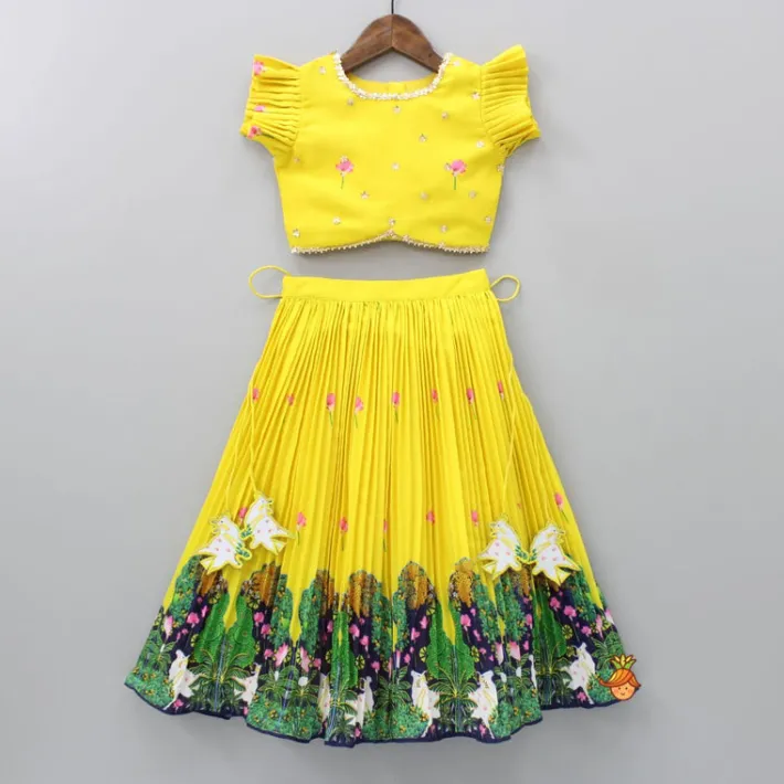 Hot Floral Sequined Yellow Top And Cow Tassels Enhanced Pleated Lehenga With Dupatta Ethnic Wear | Lehengas & Ghagras