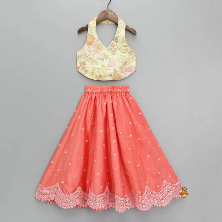 Outlet Floral Thread Embroidered Halter Neck Top And Peach Lehenga Ethnic Wear | Lehengas & Ghagras