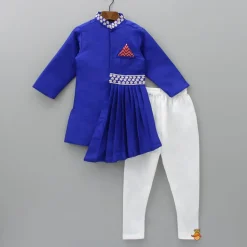 Discount Flowers Embellished Pleated Asymmetric Blue Sherwani And Churidar BOY Indian Ethnic Wear | Sherwani Sets