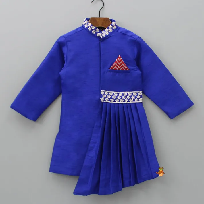 Discount Flowers Embellished Pleated Asymmetric Blue Sherwani And Churidar BOY Indian Ethnic Wear | Sherwani Sets